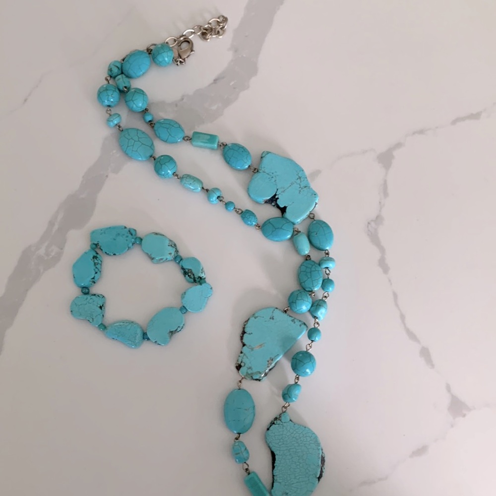 Chico’s Turquoise Long Necklace with Matching stretch Necklace
